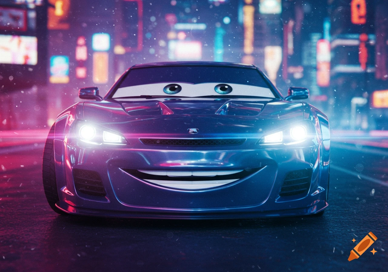 A cool blue animated car with a friendly face drives on a wet city street at night, illuminated by bright headlights and neon city lights.
