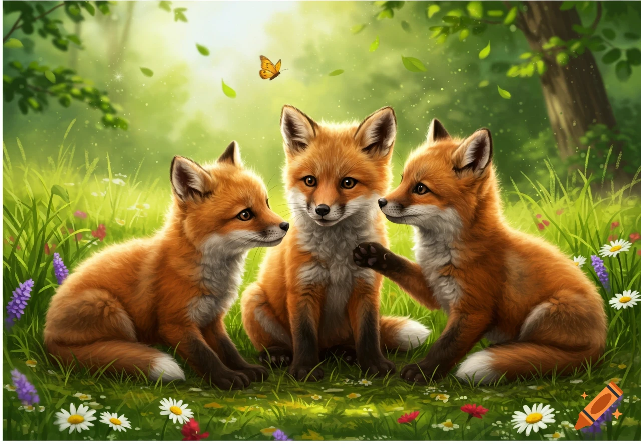 Three adorable baby foxes in a lush green meadow with flowers and a butterfly, digital illustration.