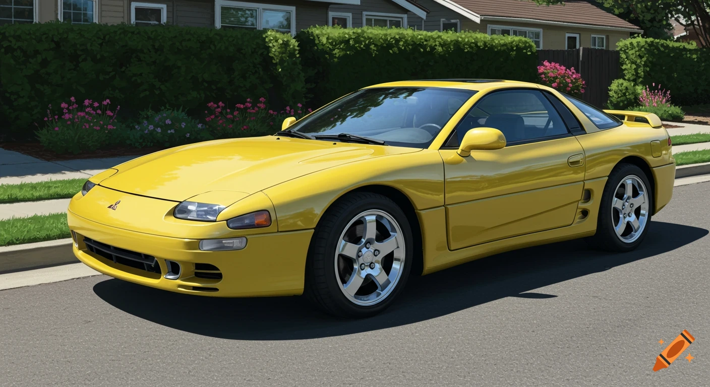 A yellow 1999 Mitsubishi 3000GT sports car parked on an asphalt road in front of a house on a sunny day.