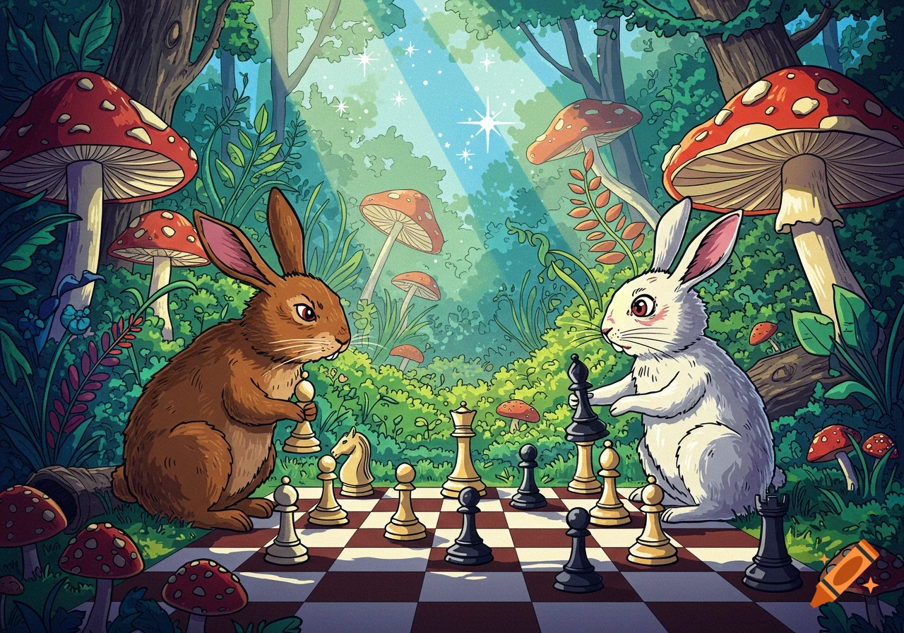 A brown rabbit and a white rabbit play chess in a vibrant, magical forest with giant mushrooms, illustrated in a cartoon style.