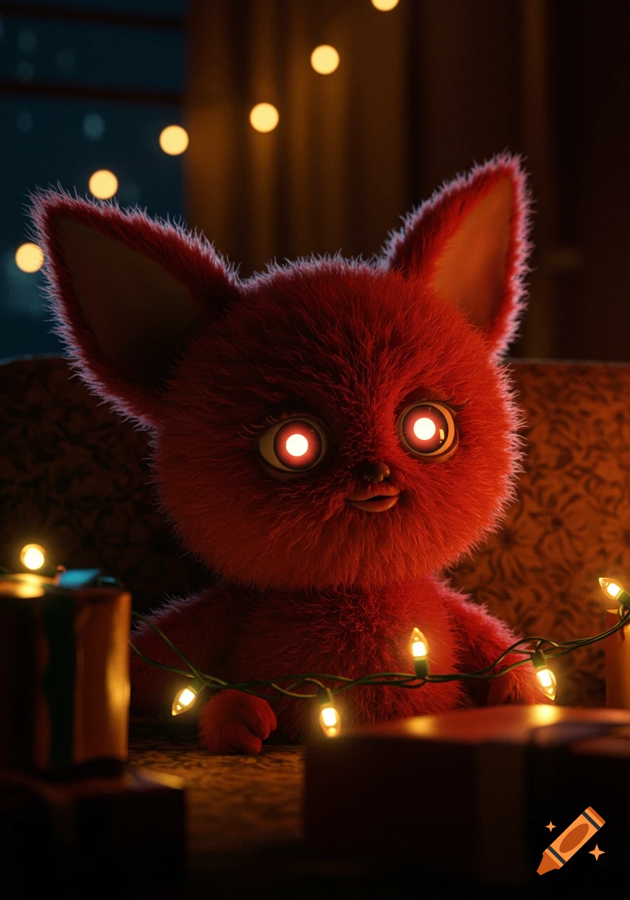 A cute, fluffy red creature with large glowing eyes sits among wrapped presents and string lights in a dimly lit, festive room.