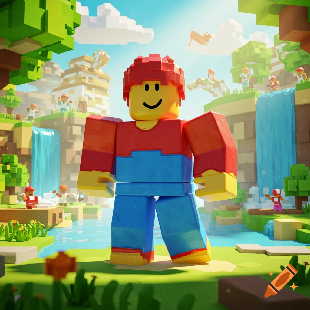 A large, colorful blocky character with a smiley face stands in a vibrant voxel world with waterfalls and smaller blocky characters.