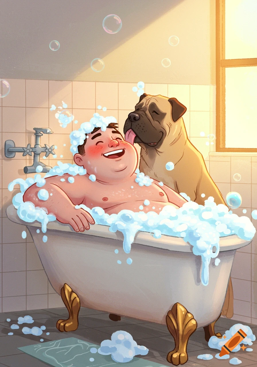 A happy, chubby cartoon man in a bubble bath laughs as a large Mastiff dog licks his face.