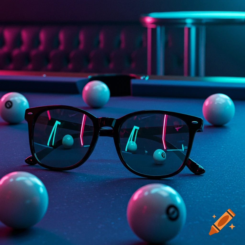 Sunglasses on a pool table surrounded by billiard balls, illuminated by neon pink and blue light.