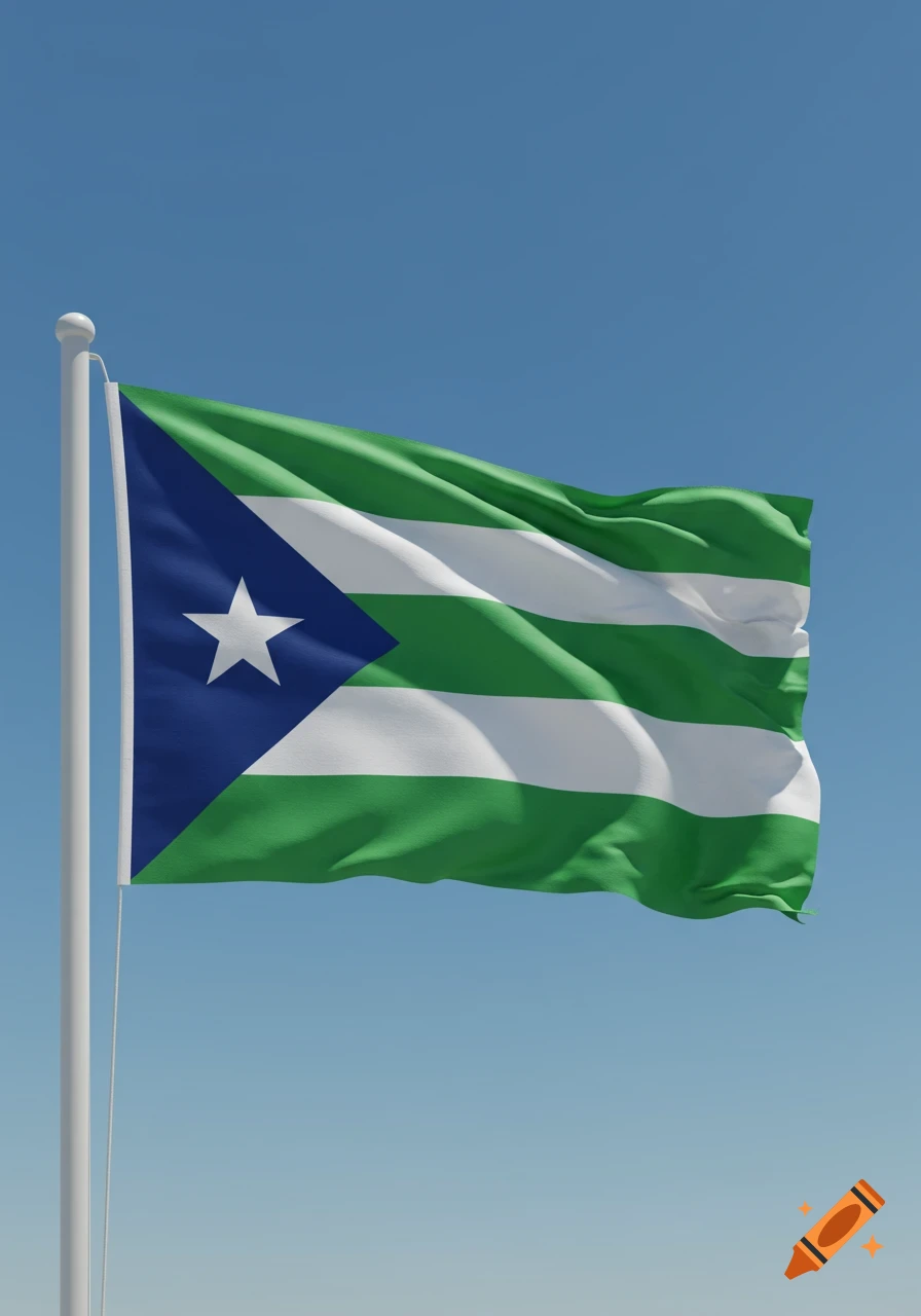 A flag with green and white stripes and a blue triangle with a white star flying against a clear blue sky.