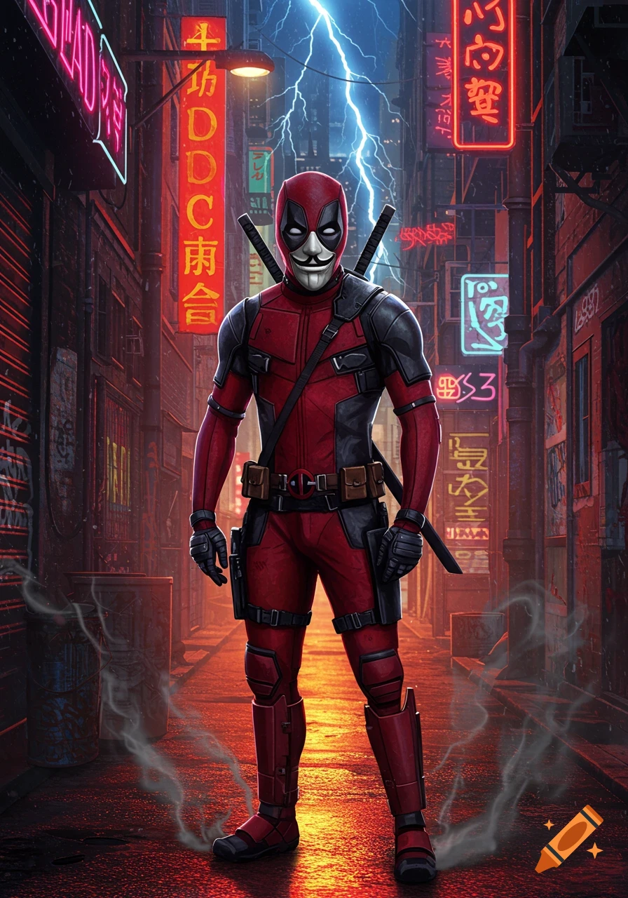 Deadpool in a red and black suit, wearing an Anonymous mask, stands in a dark, neon-lit cyberpunk alley under a lightning storm.