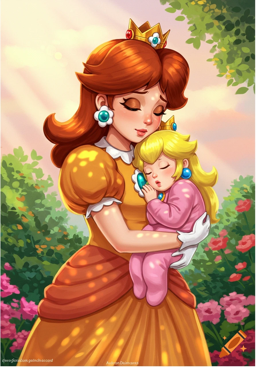 Princess Daisy in an orange dress cradles a sleeping baby Princess Peach in a pink onesie in a garden.