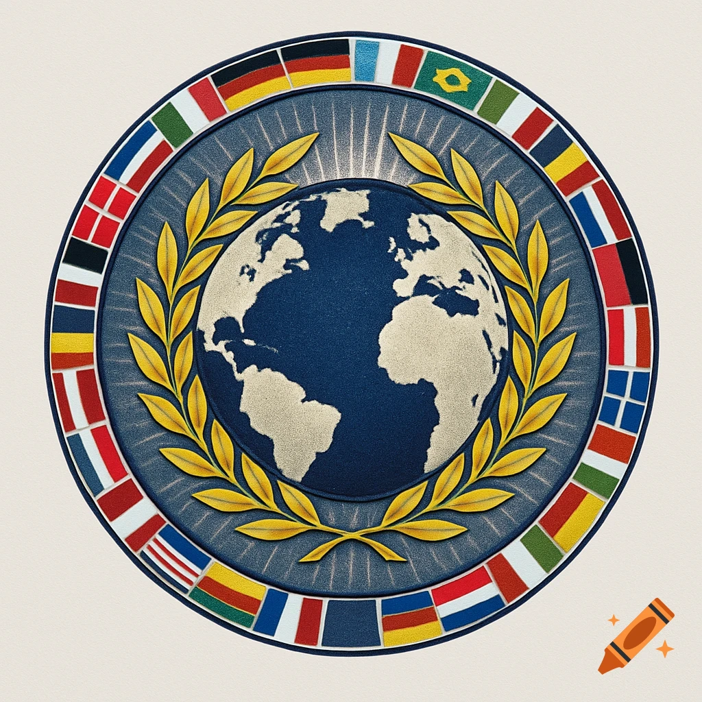 A circular emblem featuring a globe surrounded by a golden laurel wreath, encircled by a border of various international flags.