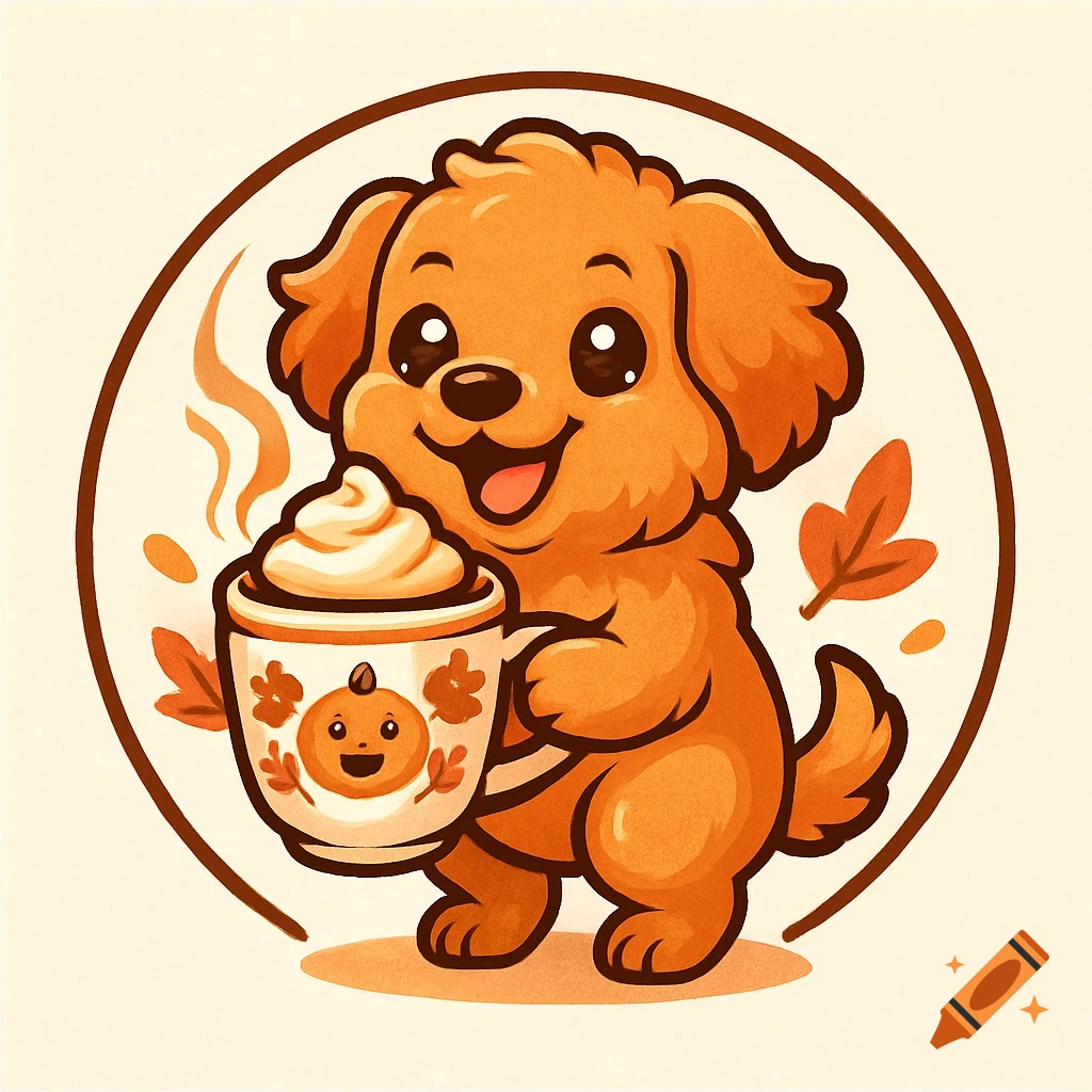 Cute cartoon dog holding a pumpkin spice latte mug.