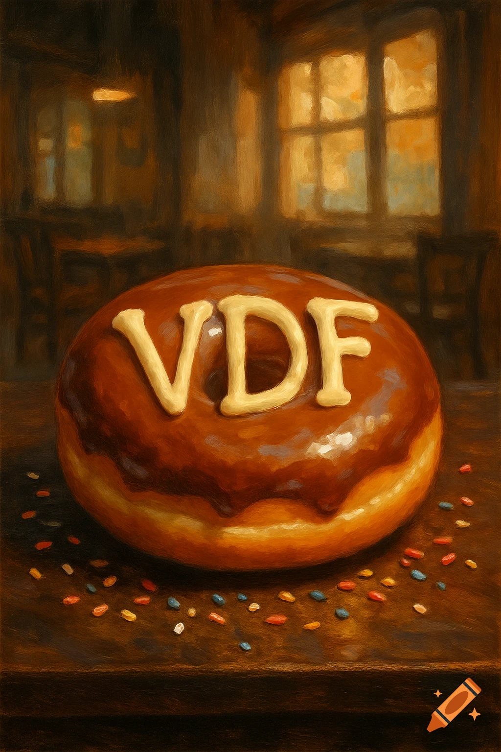An oil painting of a chocolate doughnut with VDF in icing and sprinkles on a table in a dimly lit room.