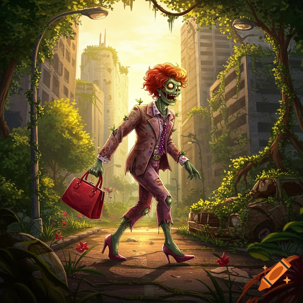 A colorful cartoon illustration of a zombie with red hair, green skin, and a ripped suit walking down an overgrown city street with a red handbag and pink high heels.