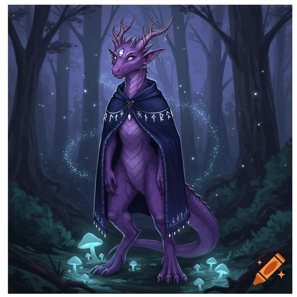 A purple, reptilian fantasy creature with a third eye and antlers, wearing a dark cloak with rune-like symbols, stands in a glowing magical forest with blue mushrooms.