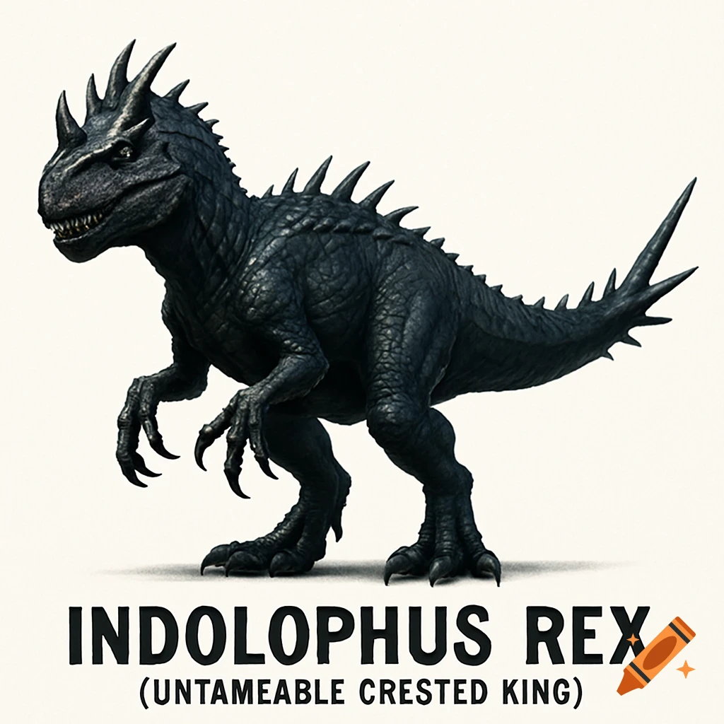 A dark gray, spiky, hybrid dinosaur named Indolophus Rex stands against a white background, with text below.