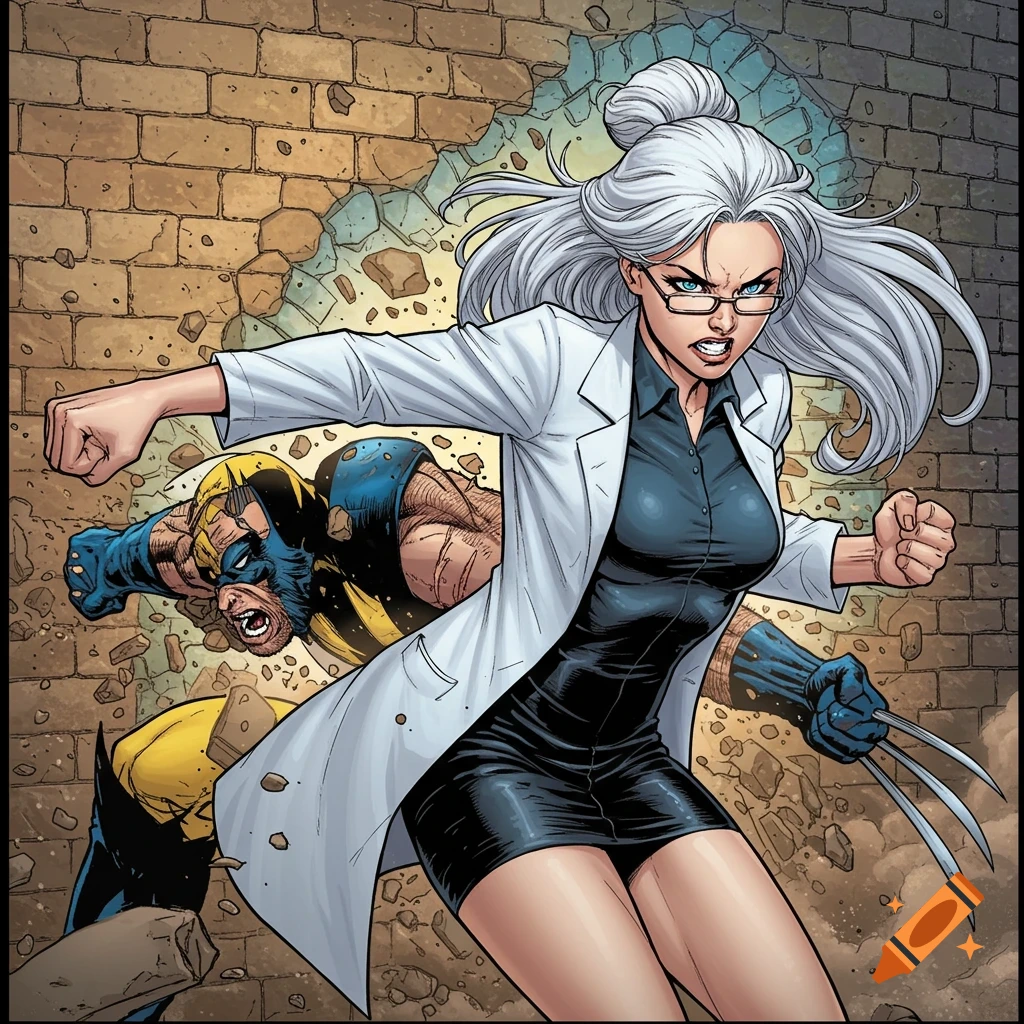 A white-haired woman in a lab coat and mini skirt punches Wolverine, who smashes through a brick wall, in a Marvel comic style.