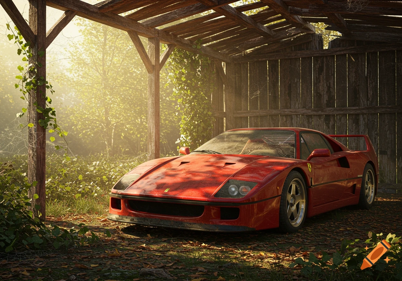 A photorealistic image of a dusty red Ferrari F40, abandoned in a weathered wooden shed surrounded by overgrown greenery and golden sunlight.