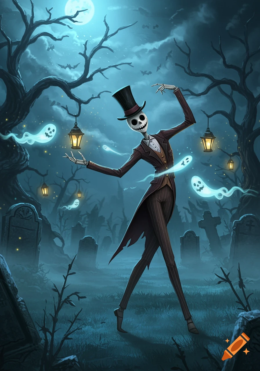 A stylized skeleton in a top hat and suit dances in a moonlit graveyard with glowing ghosts and lanterns.