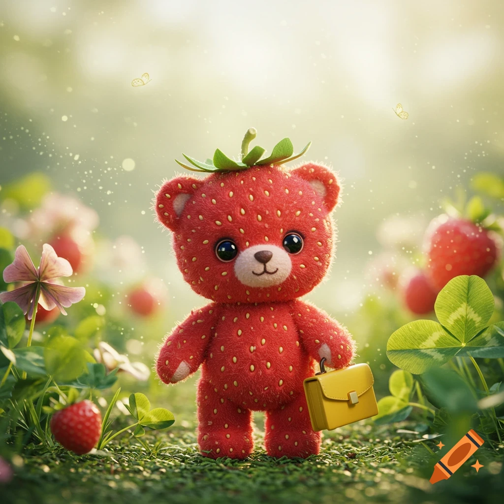 A cute red strawberry-shaped teddy bear with a small yellow briefcase stands in a sunny grassy field with strawberries and clover.