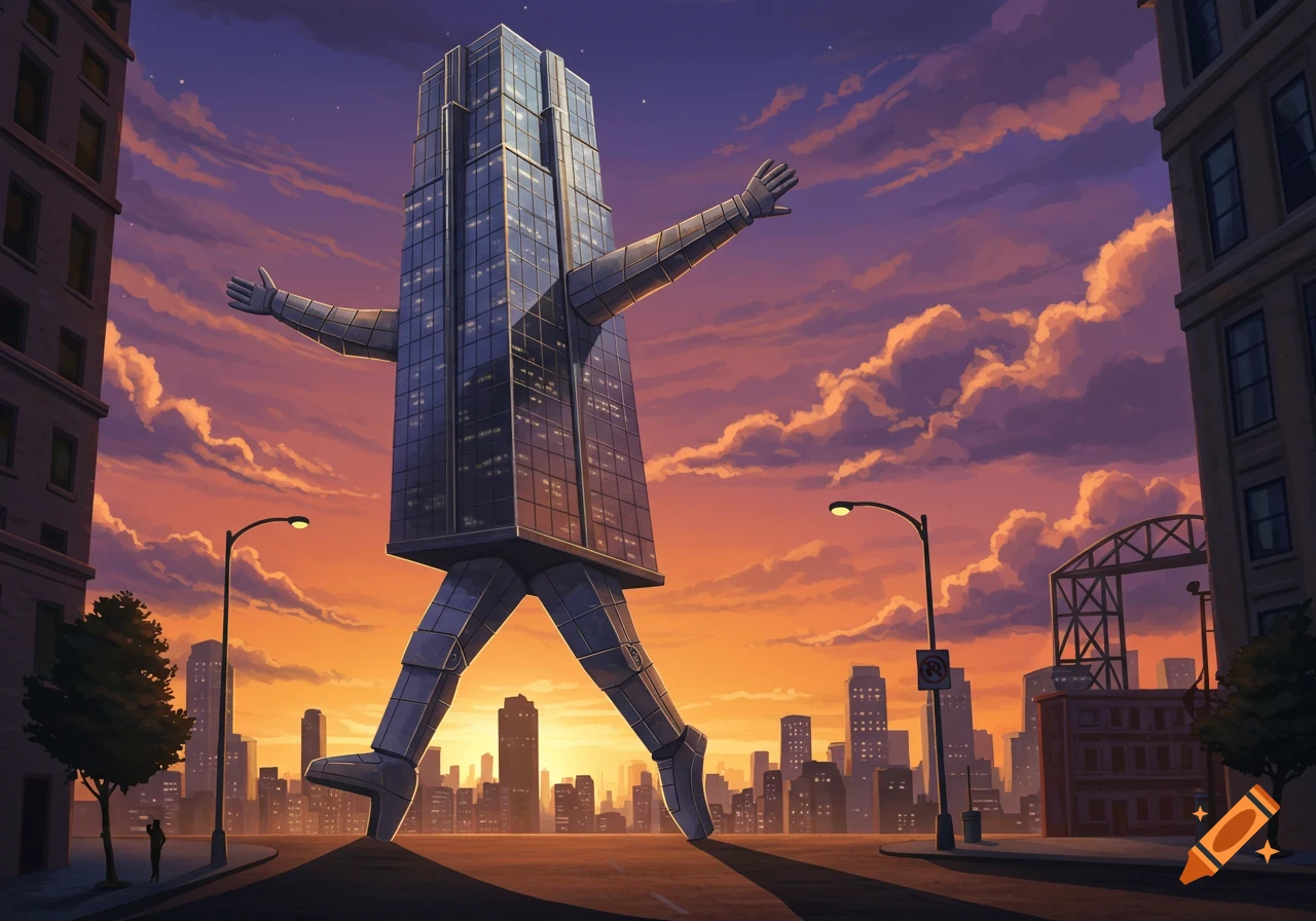 A giant skyscraper with arms and legs walks on tiptoes down a city street at sunset, in an illustrated style.