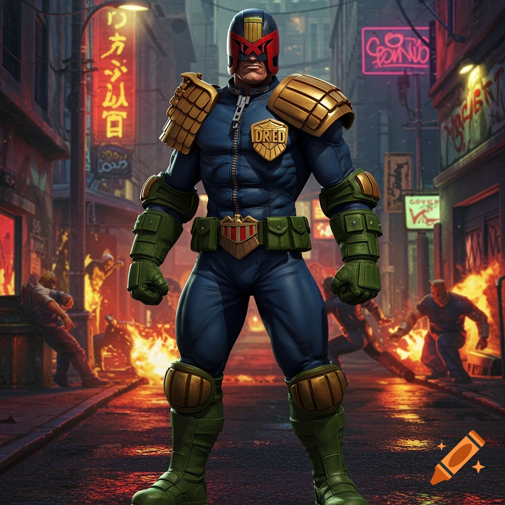 Judge Dredd in his blue and green uniform, standing in a dark, burning dystopian city street in a comic book art style.