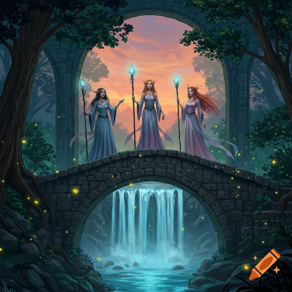 Three fantasy women on a stone bridge over a waterfall in an enchanted forest at sunset, holding staffs.
