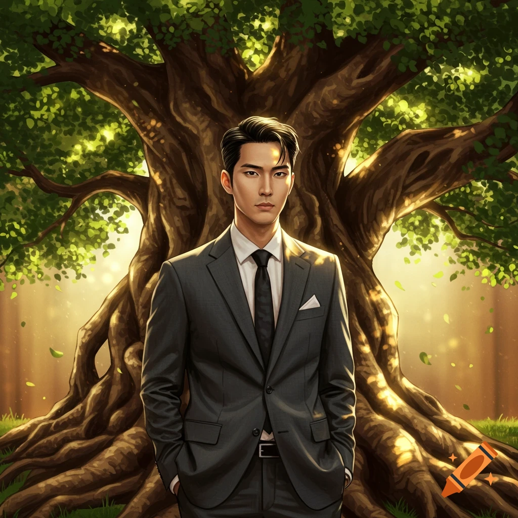 A handsome Asian man in a dark suit stands formally in front of a large, leafy tree in a vibrant digital painting.