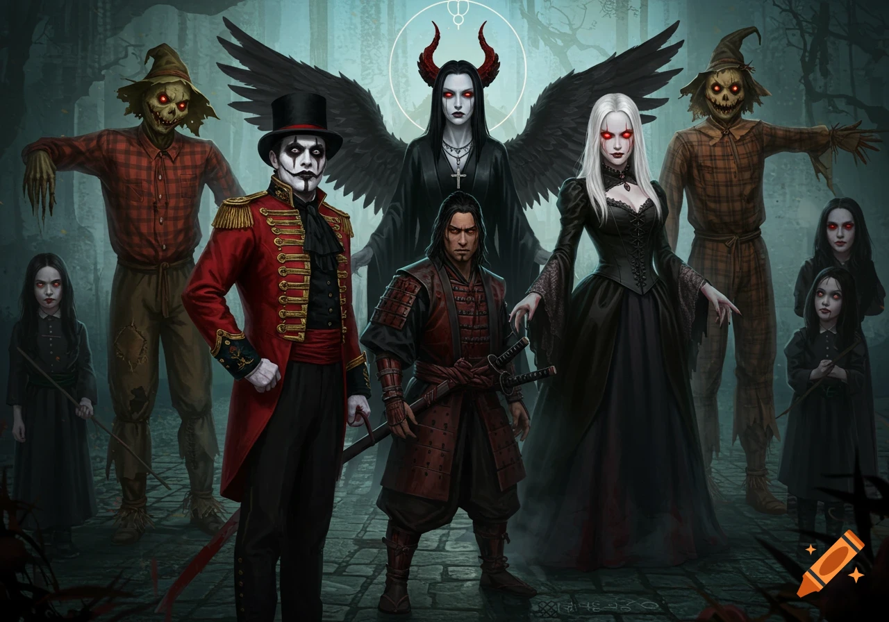 A group of dark fantasy characters: a ringmaster, horned demon, samurai, vampire, two scarecrows, and two creepy children in a forest.