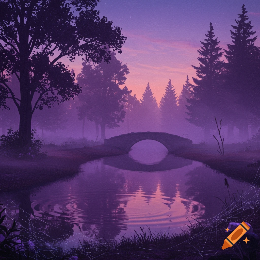 Purple mist engulfs a serene landscape with a stone bridge over a reflective stream and silhouetted trees under a twilight sky.