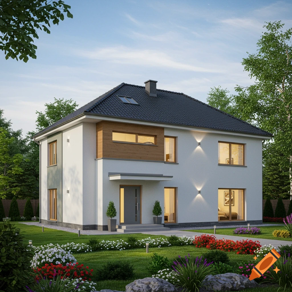 A modern white house with a dark roof and wooden accents, surrounded by a lush green lawn and colorful flower beds under a clear sky.