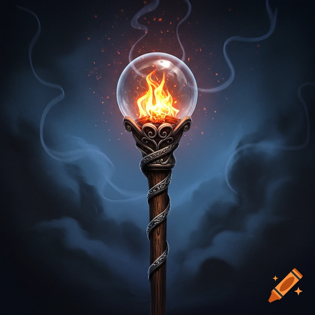 A wooden staff with intricate metalwork topped by a clear glass sphere containing vibrant fire and smoke against a dark, cloudy background.