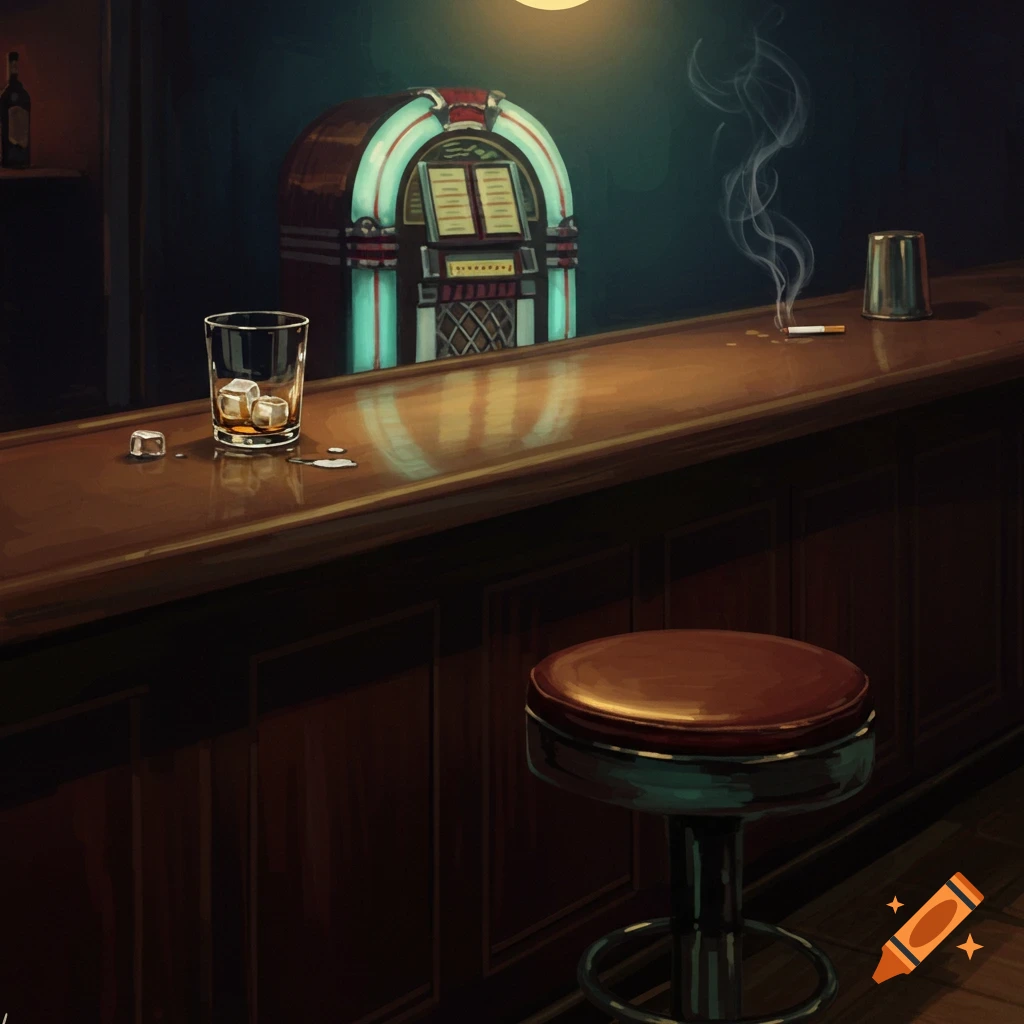 A dimly lit bar scene with a glass of whiskey and ice, a burning cigarette with smoke, and a jukebox on a wooden bar counter. A bar stool with a red cushion is in the foreground.