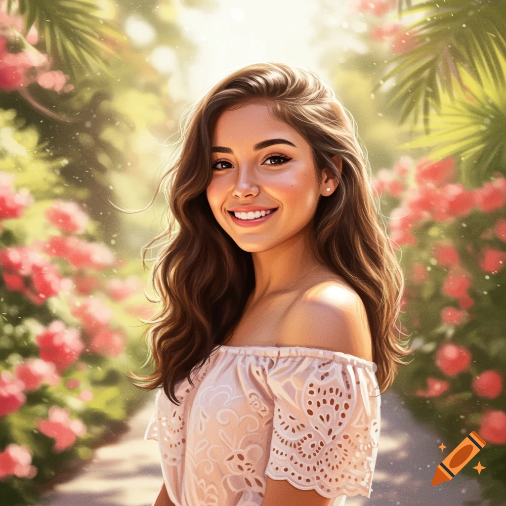 A smiling young woman with long brown hair wearing an off-shoulder top, standing in a sunny garden with pink flowers.