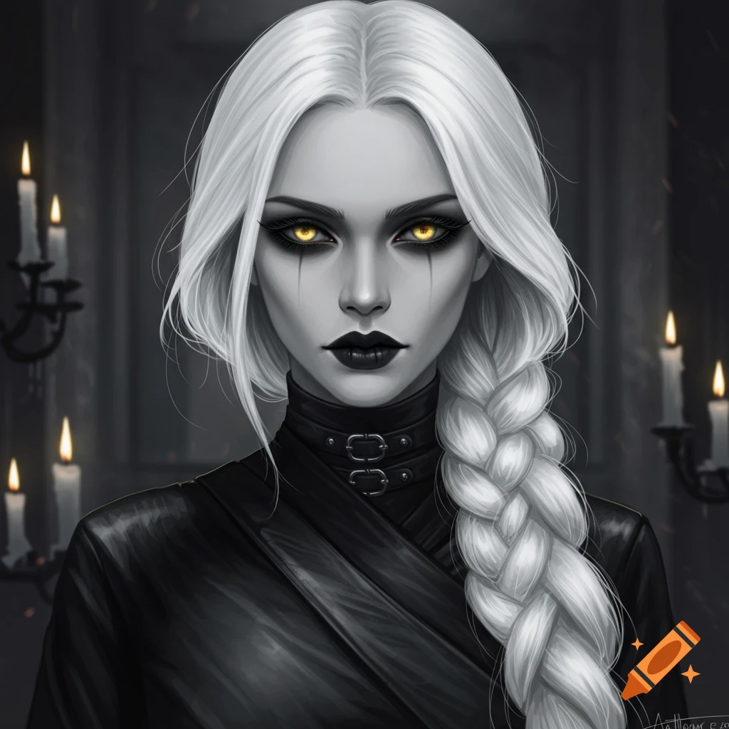 A digital painting of a pale woman with long white hair braided over her shoulder, golden eyes, dark makeup, and dark clothing, set against a dark background with candles.