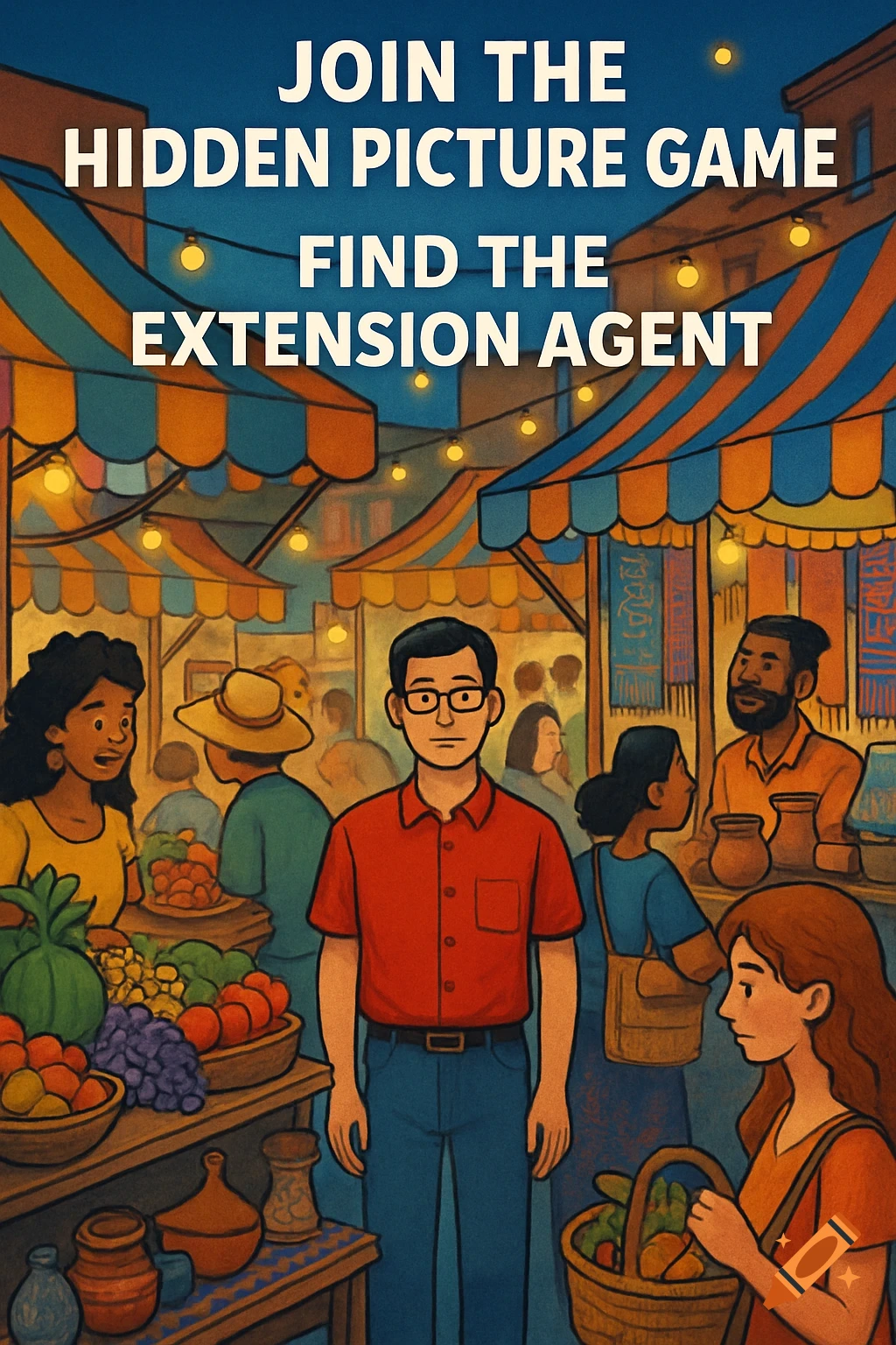 Illustrated hidden picture game in a busy market with a man in a red shirt and the text 'JOIN THE HIDDEN PICTURE GAME FIND THE EXTENSION AGENT'.