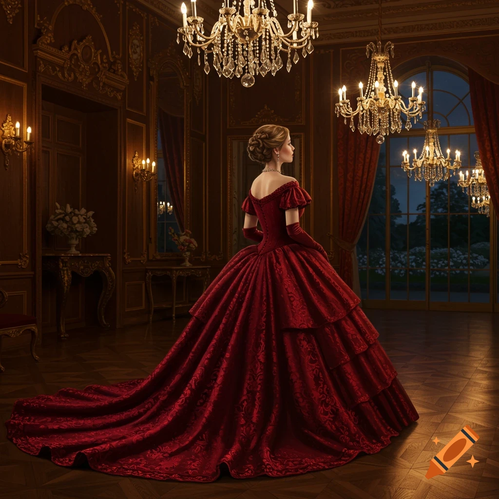 A woman in a long red Victorian gown stands in a grand, ornate room with chandeliers and large windows.
