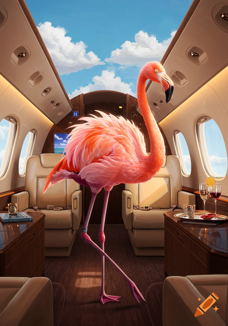 A large pink flamingo stands inside a luxurious private jet with light-colored seats and tables, gazing towards the viewer. Digital art.