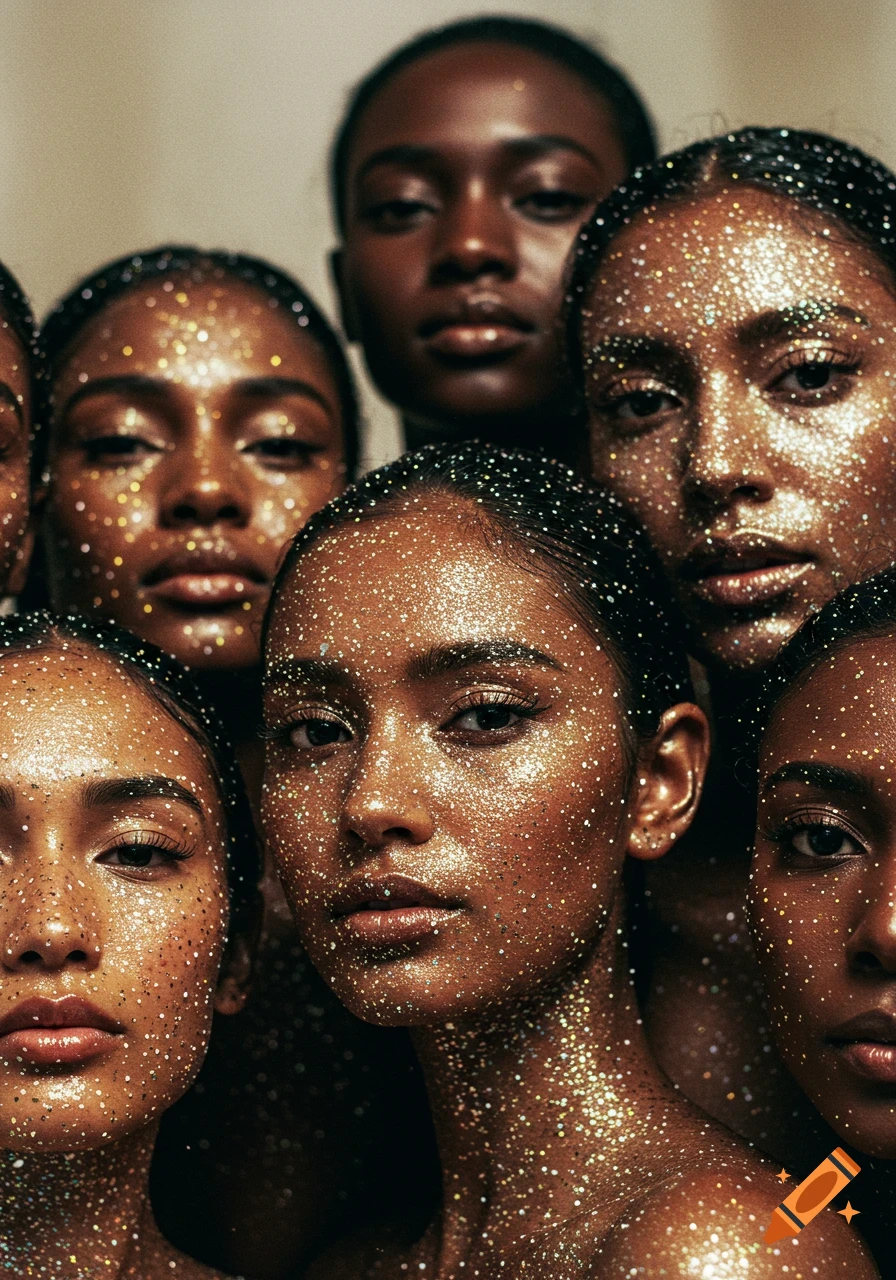 Close-up portraits of multiple women with dark skin covered in shimmering gold glitter on their faces and hair.