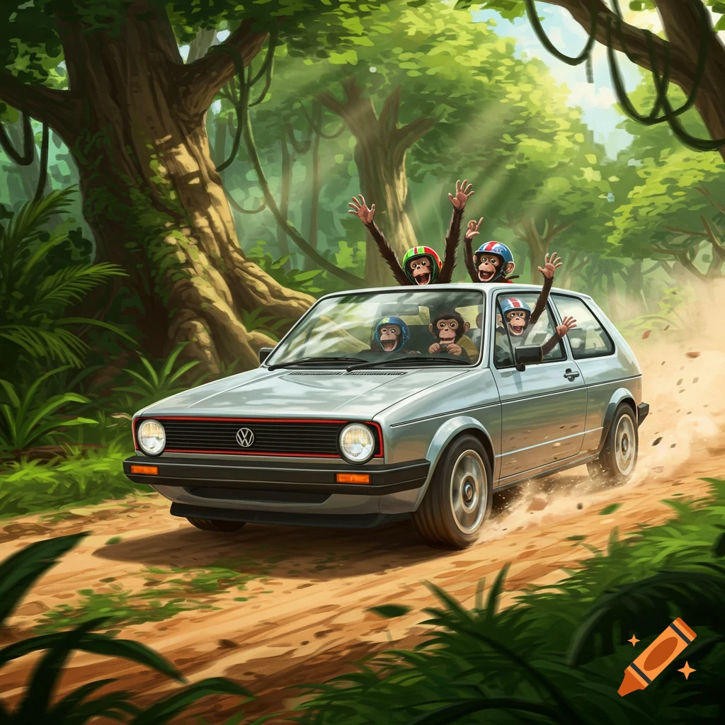 Five monkeys in a silver car driving on a dirt road through a lush green jungle, some waving out the windows.
