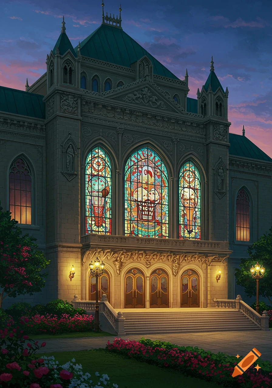 A grand, gothic-style building with vibrant stained glass windows, illuminated by lanterns at dusk, surrounded by lush gardens and stairs.