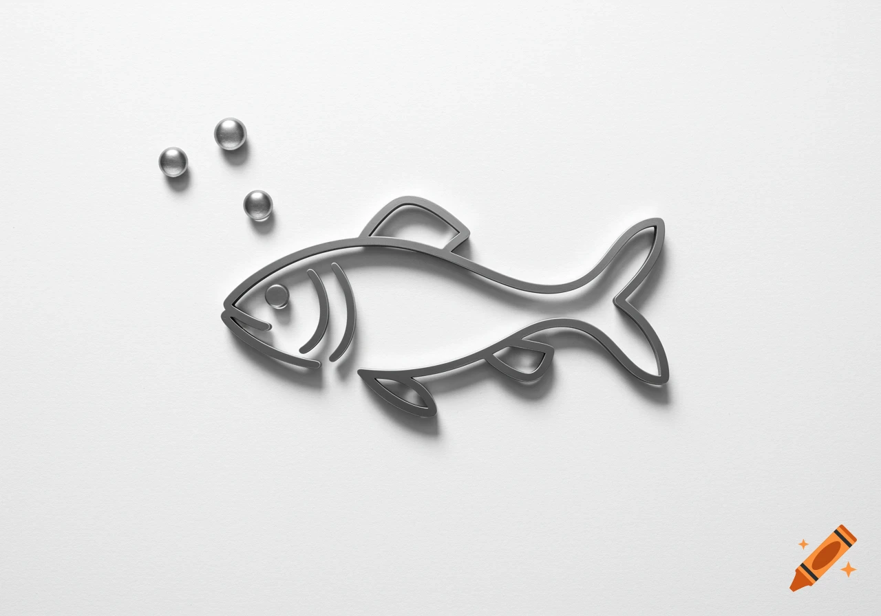 A minimalist gray outline of a fish with three bubbles above its head on a white background.