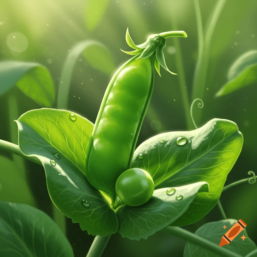 Close-up of a vibrant green pea pod and a single pea on lush leaves with water droplets in soft sunlight.