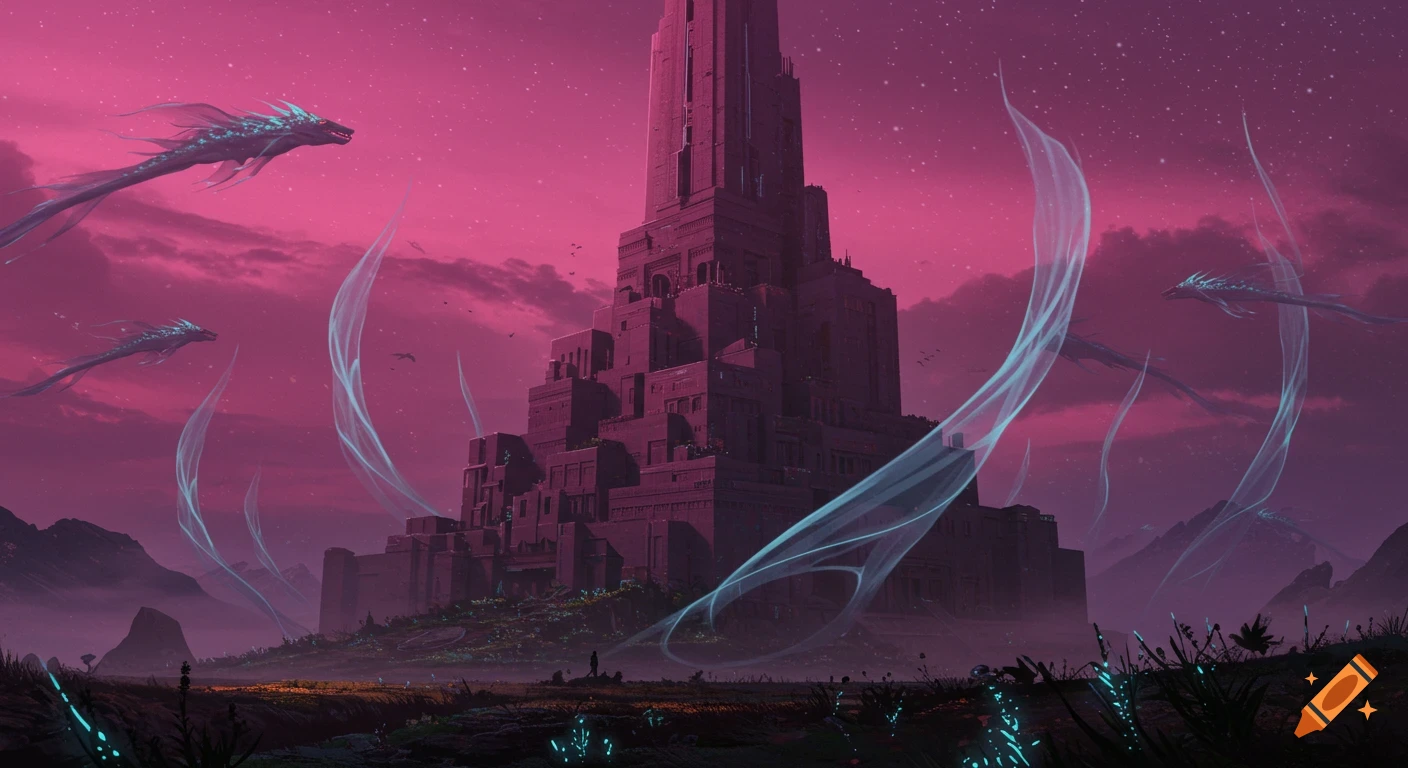 A majestic, layered temple stands under a vibrant magenta sky, with glowing spires and alien creatures flying above a fantastical landscape.