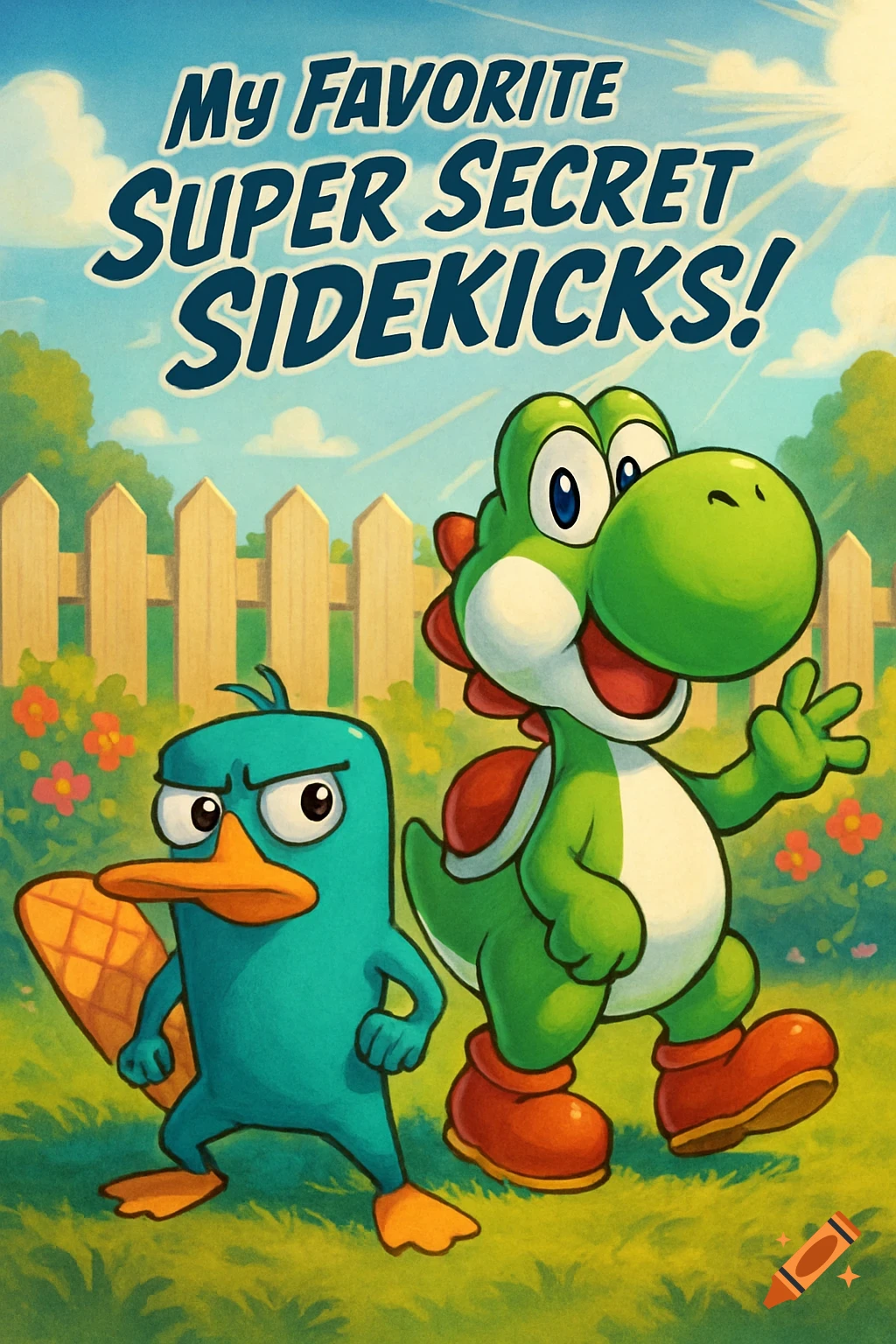 Perry the Platypus and Yoshi stand in a sunny backyard under the text 'My Favorite Super Secret Sidekicks!' in a cartoon style.