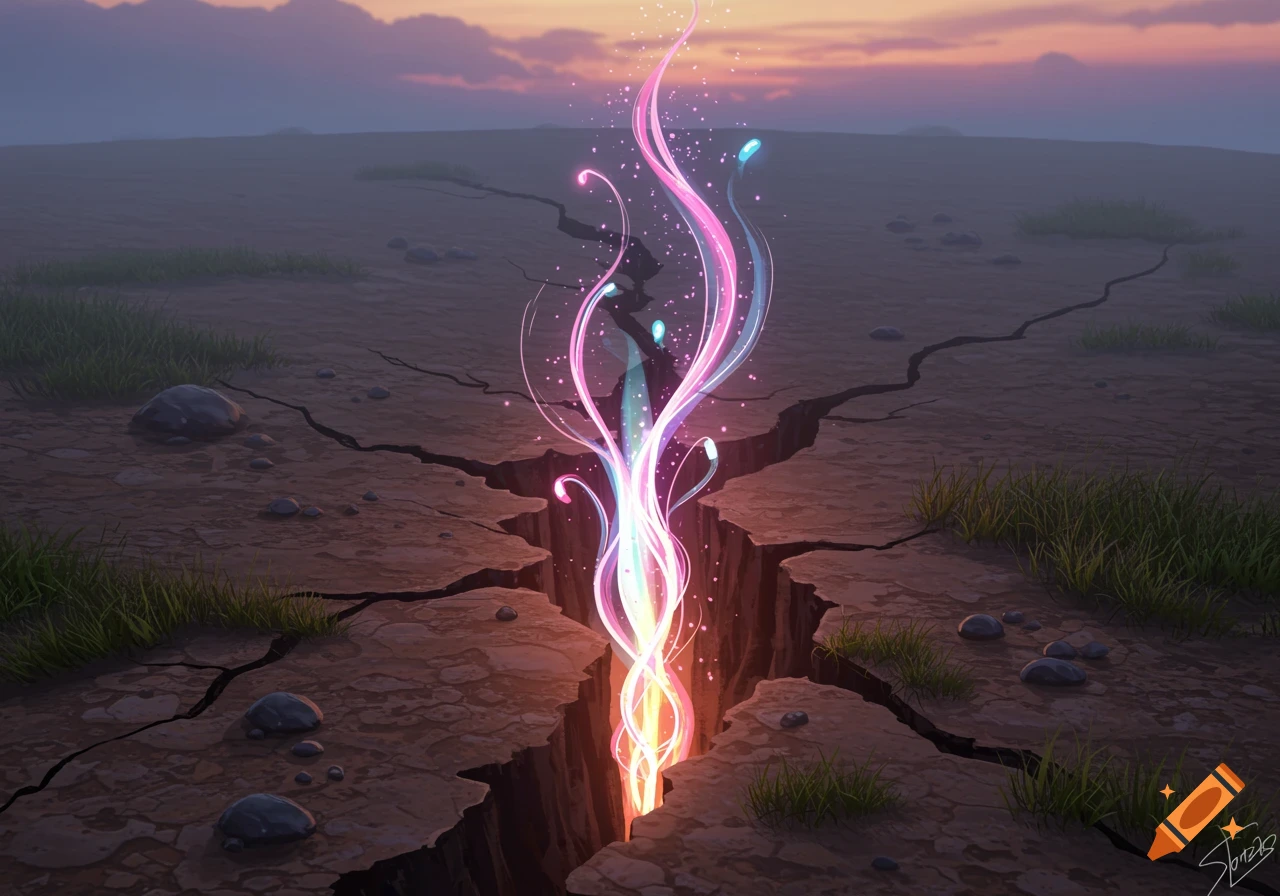 A vibrant, magical glow and swirling wisps emerge from a crack in dry, cracked earth at dusk, under a purple sky.