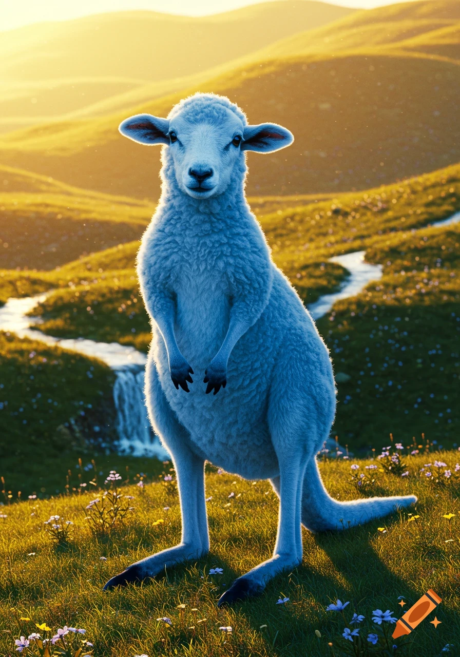 A whimsical blue sheep-kangaroo hybrid stands in a sunlit green meadow with rolling hills and a stream in the background.