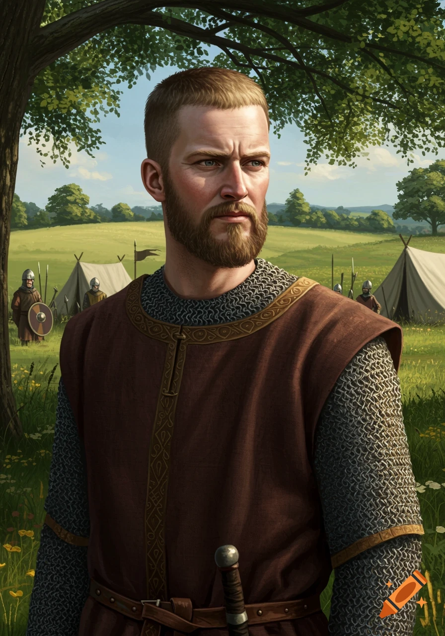 A photorealistic portrait of a bearded medieval man in chainmail and a tunic, standing in a grassy field with a military camp in the background.