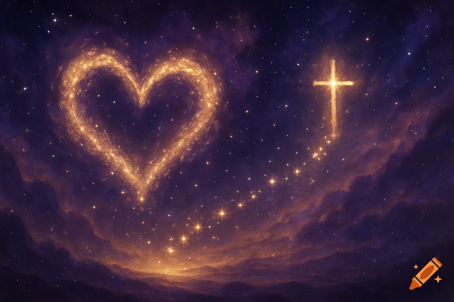 A glowing heart and cross constellation in a purple and orange starry night sky with nebula clouds.