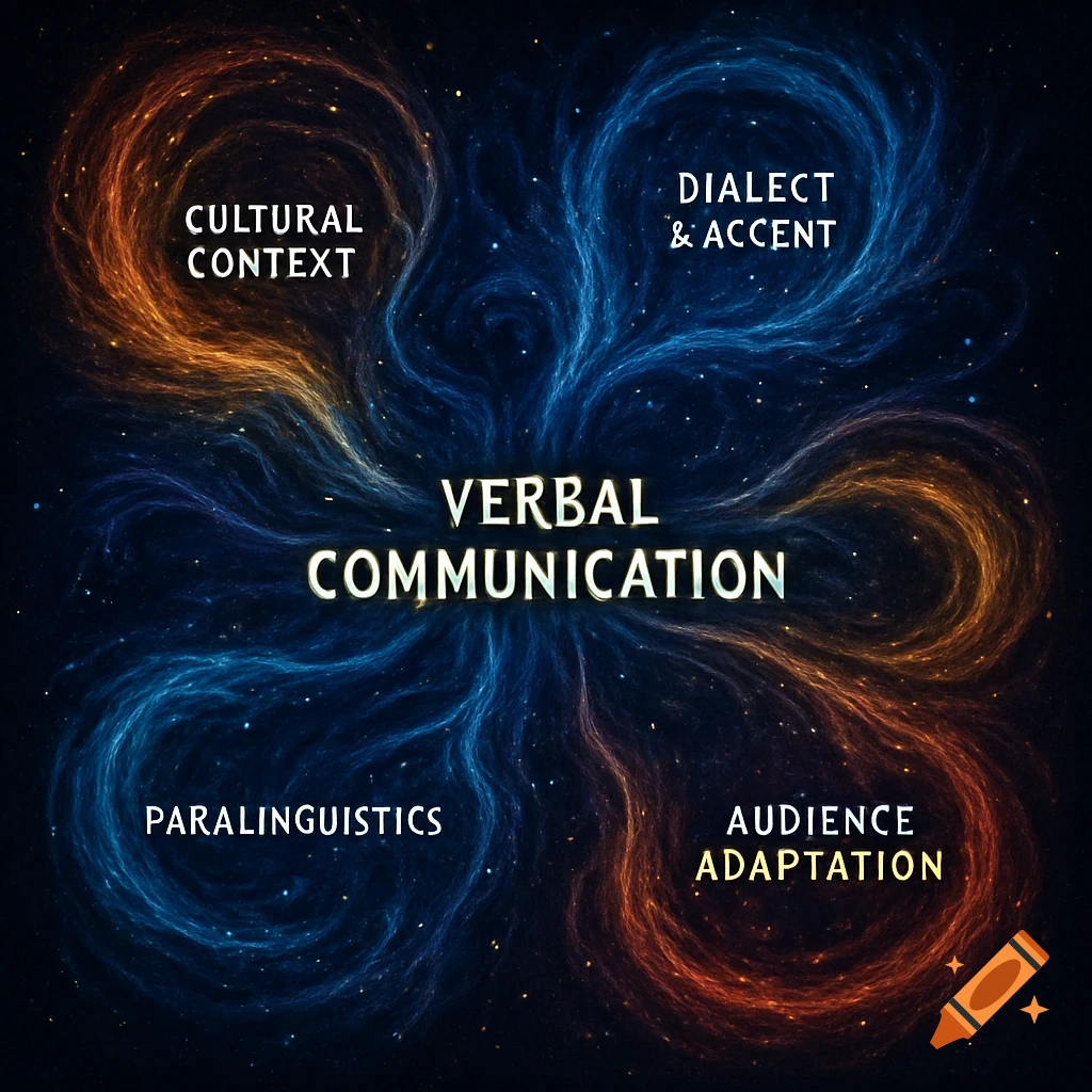 A mind map about verbal communication with swirling orange and blue nebula-like branches against a starry background.
