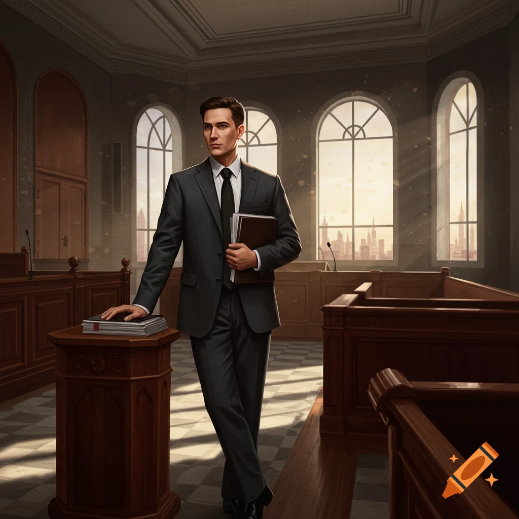 A photorealistic image of a man in a dark suit standing in a courtroom, holding a brief and leaning on a podium.