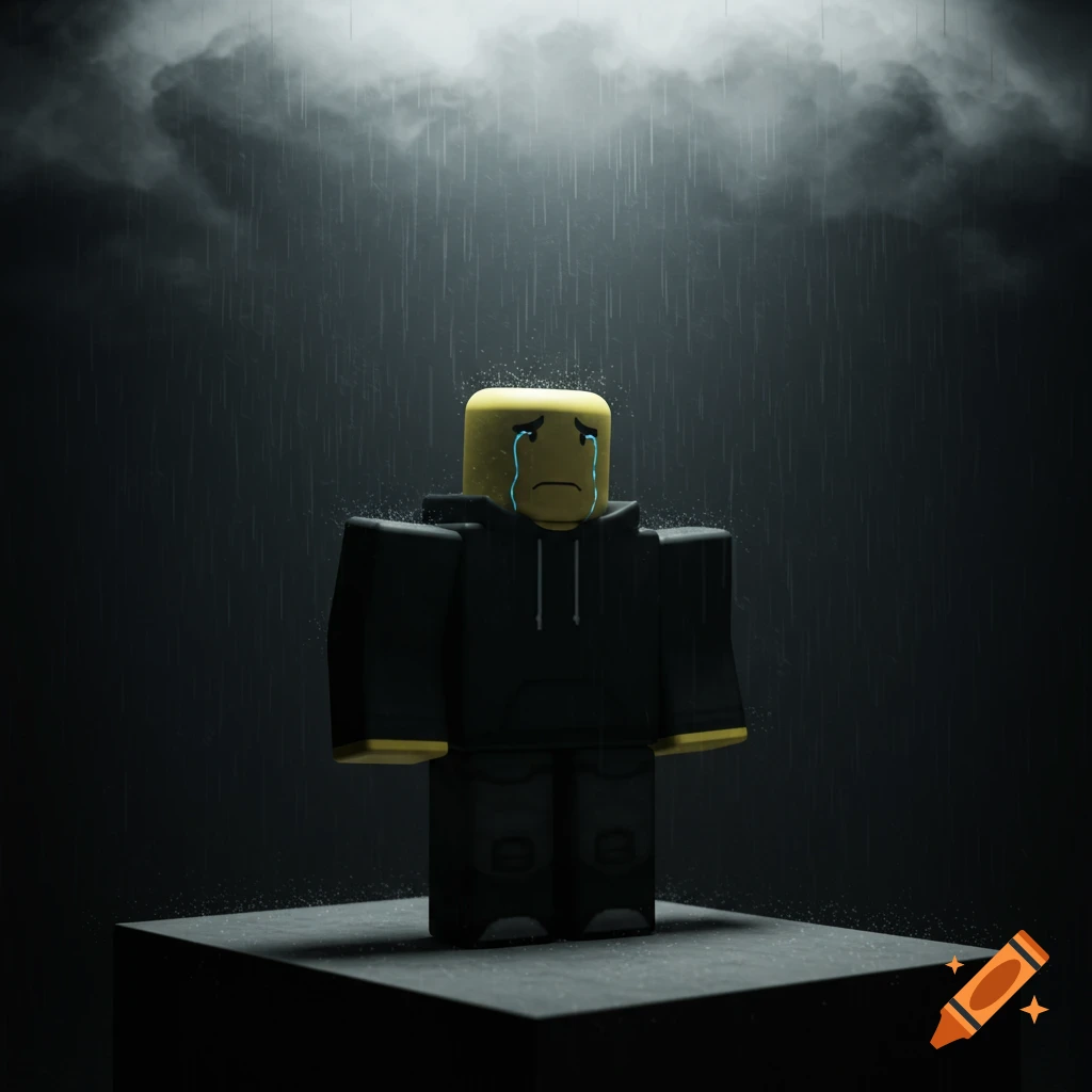 A light yellow Robloxian character wearing black, crying under falling rain in a dark, melancholic setting.