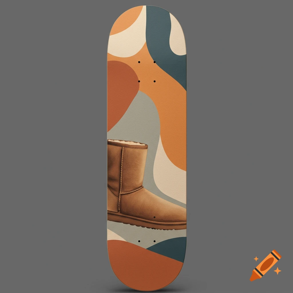 A skateboard featuring an abstract art design with brown, beige, and teal shapes, incorporating a realistic brown Ugg boot.